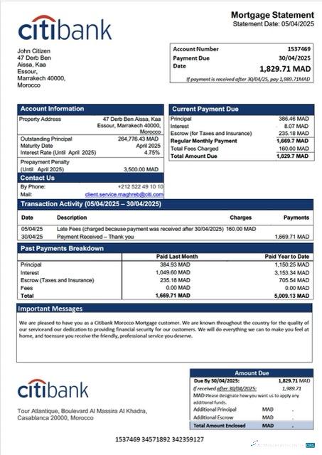Download Morocco Citibank Morocco mortgage statement Word and PDF template Photoshop template